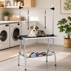 Dog Grooming Table Adjustable Height Foldable Non-Slip Tabletop Basket Storage