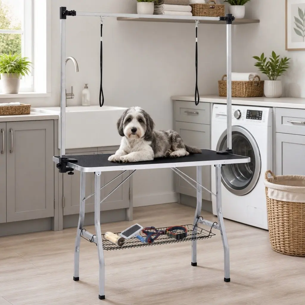 Adjustable Height Foldable Dog Grooming Table with Loops