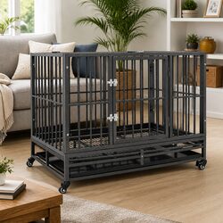 Portable Steel Frame Dog Cage with Lockable Wheels
