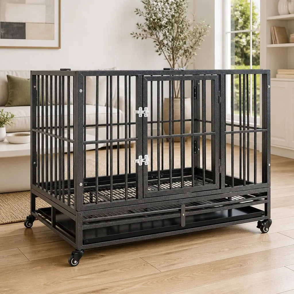 Lockable Dog Cage with Wheels and Detachable Tray