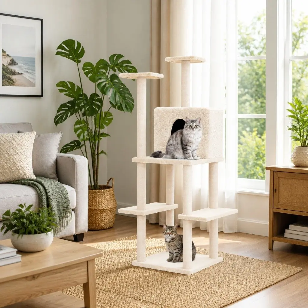 Cat Tree with Sisal Scratching Posts Cream 144.5cm Multi-Level Cat Tower House