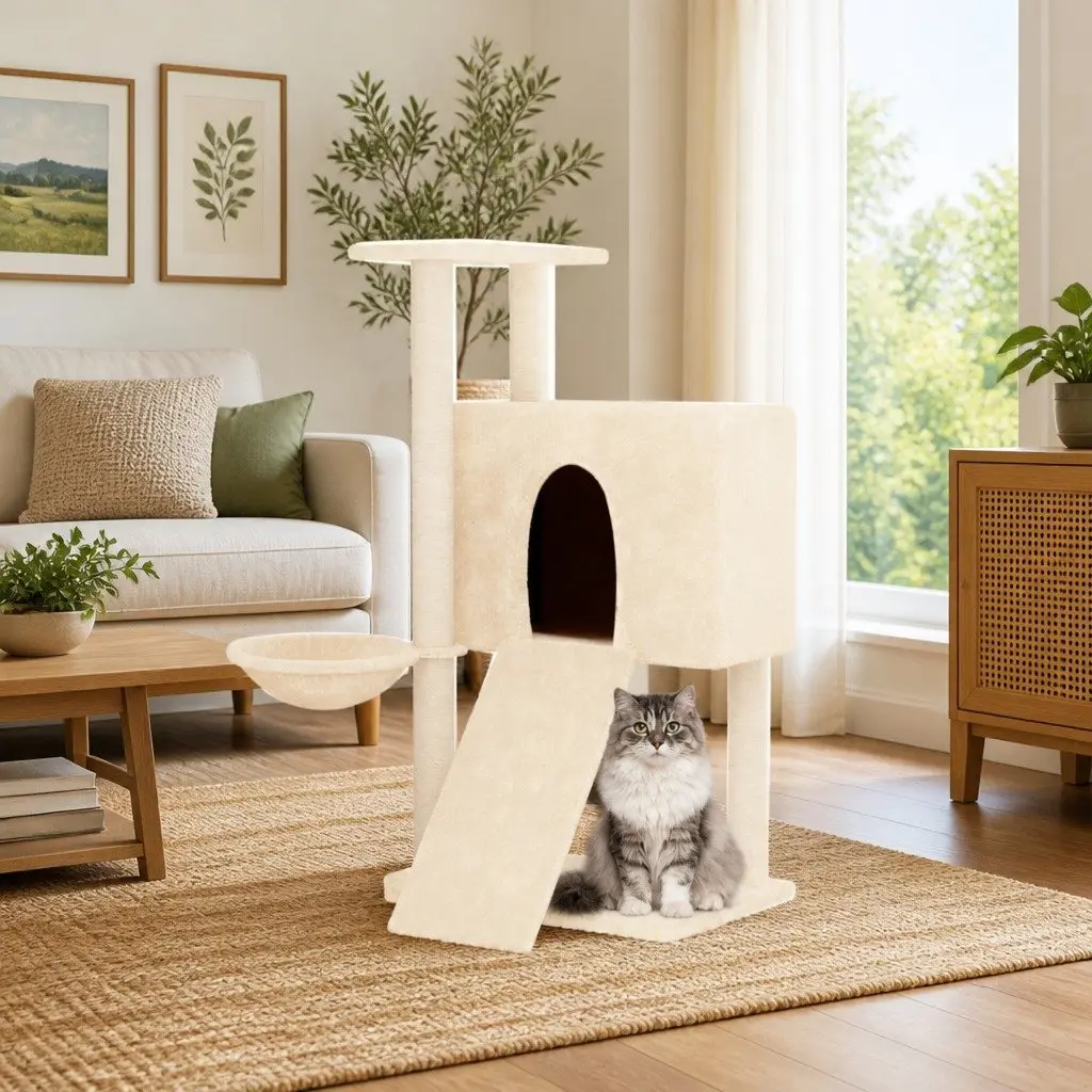 Cream Cat Tree with Hammock, Ladder and Platform 96cm