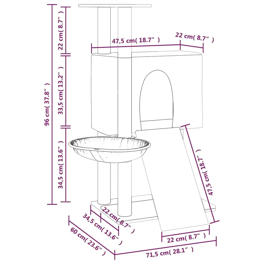 Cream Cat Tree with Hammock, Ladder and Platform 96cm