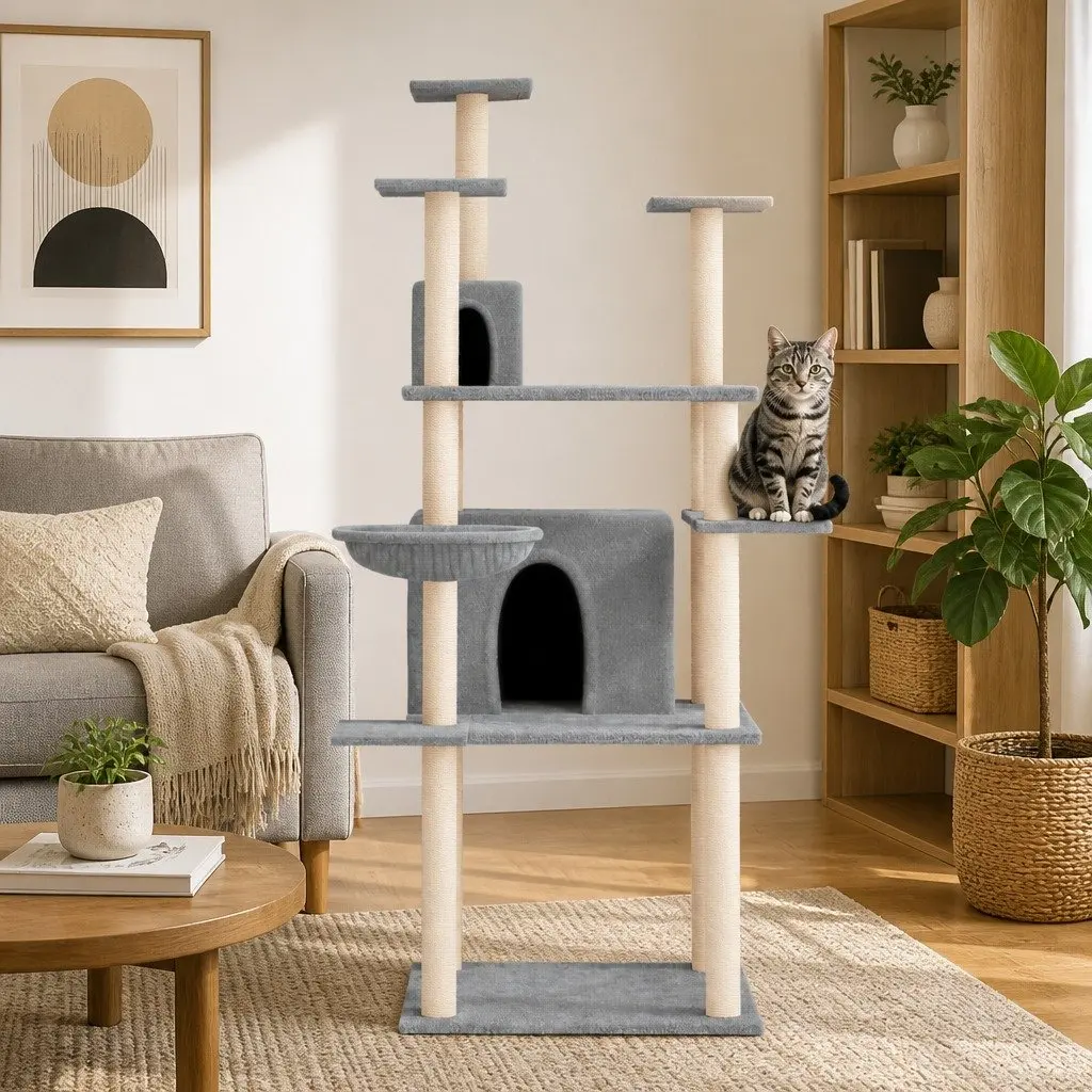 Grey Cat Tree with Multi-Level Platforms