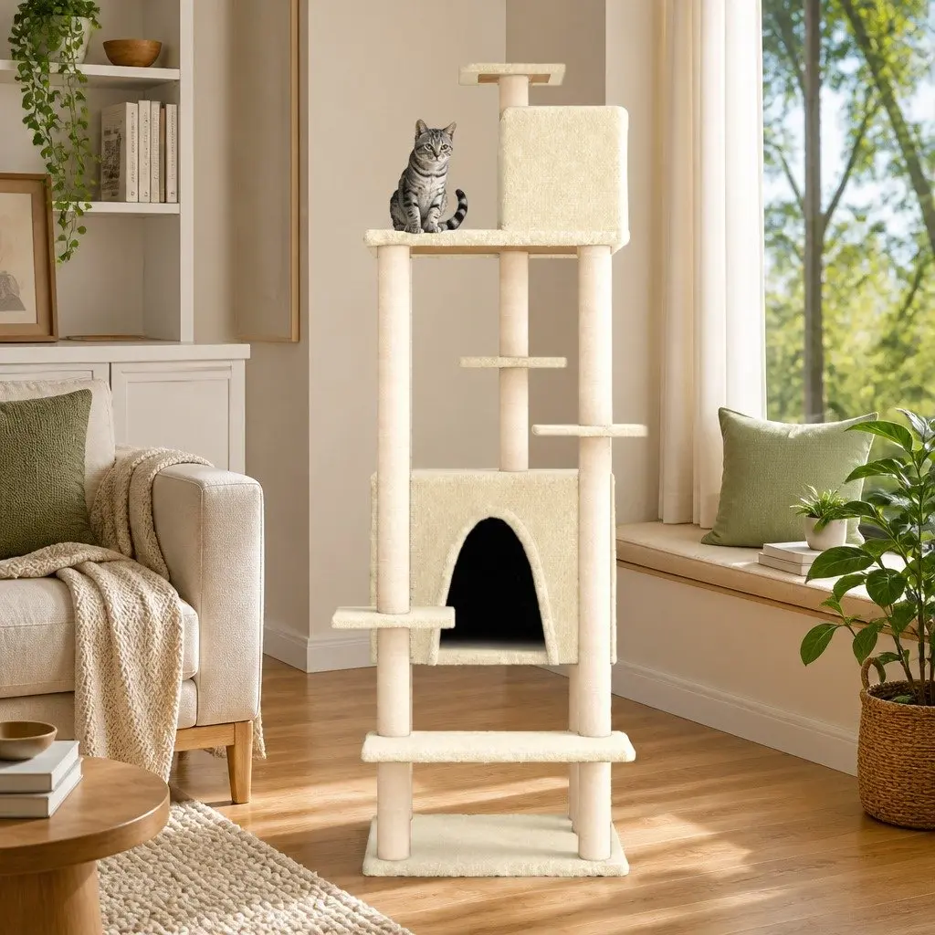 Cream Cat Tree with Durable Sisal Scratching Posts 154cm