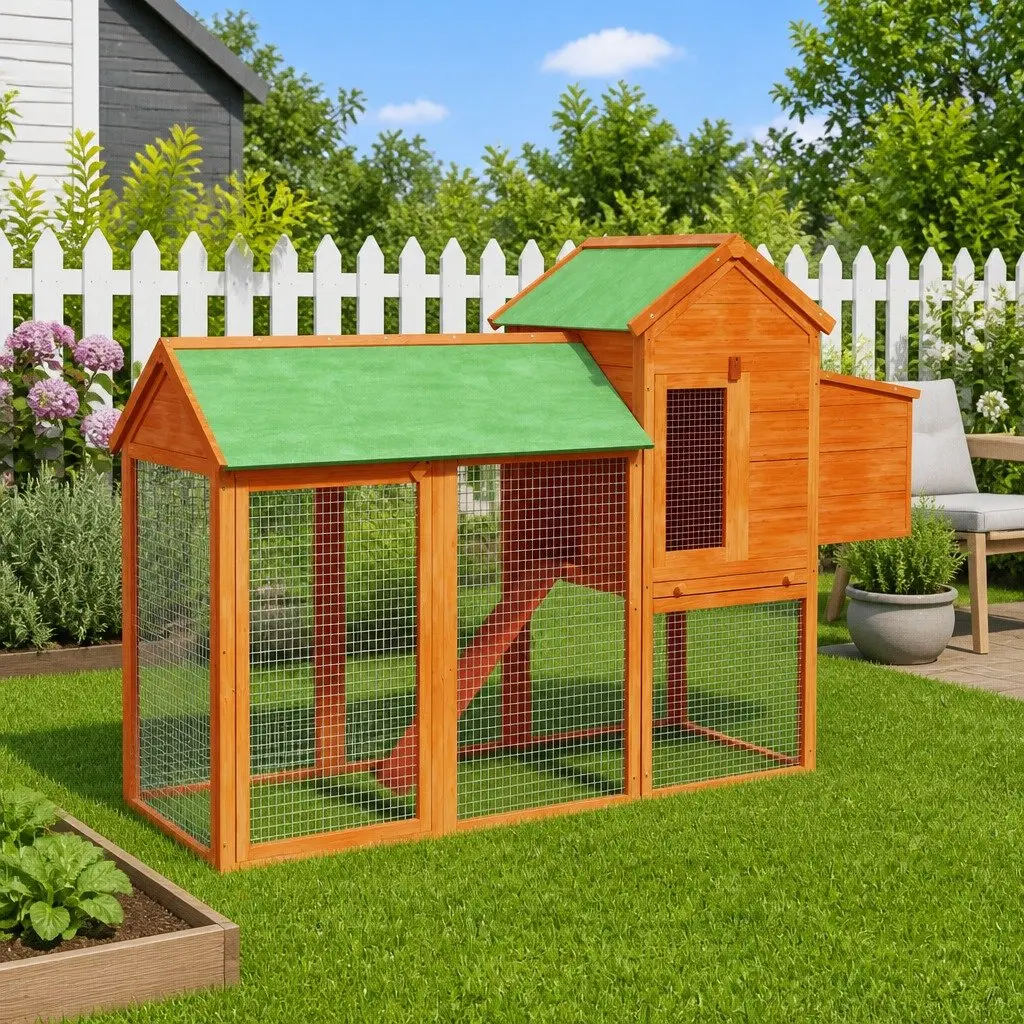 Solid Pine Wood Chicken Coop with Nesting Box and Ramp