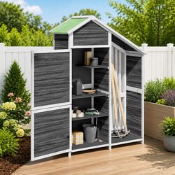 Grey Solid Wood Garden Tool Shed with Rainproof Roof