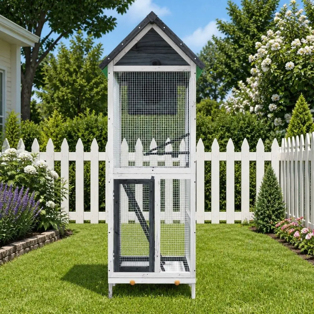 Grey Pine Bird House Aviary with Nesting Box and Ladder