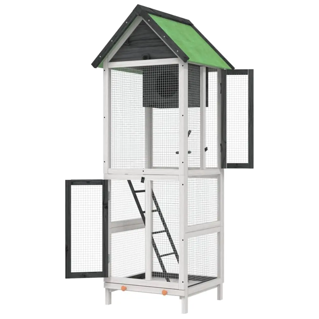 Grey Pine Bird House Aviary with Nesting Box and Ladder