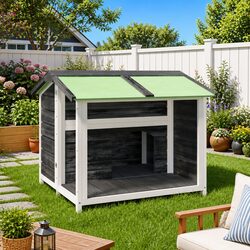 Large Grey Solid Wood Pine Dog Kennel with Water-Resistant Roof