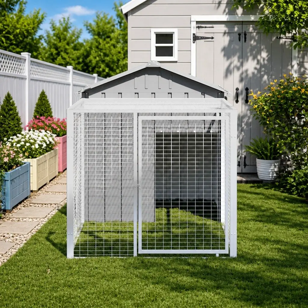 Chicken Cage with Run Galvanised Steel 117 x 201 x 123 cm Light Grey