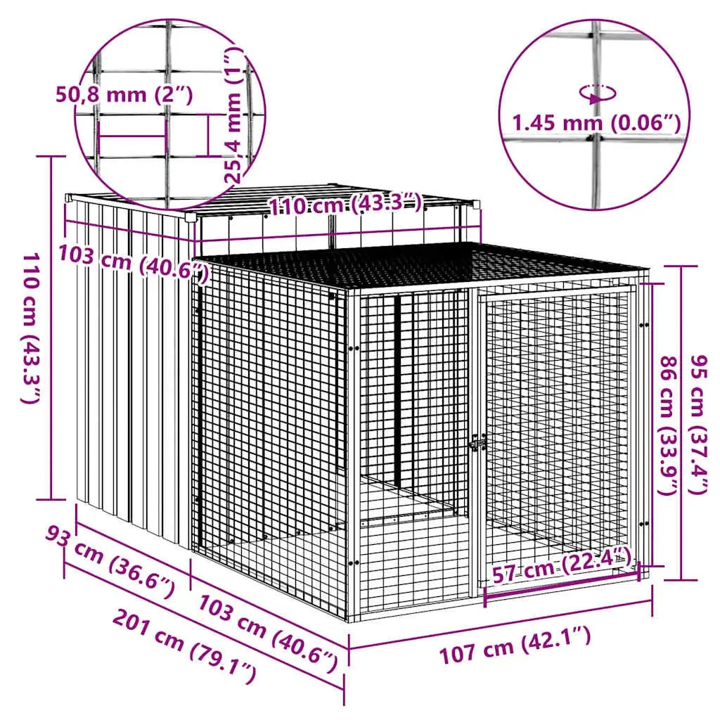 Chicken Cage with Run Galvanised Steel 110 x 201 x 110 cm Light Grey