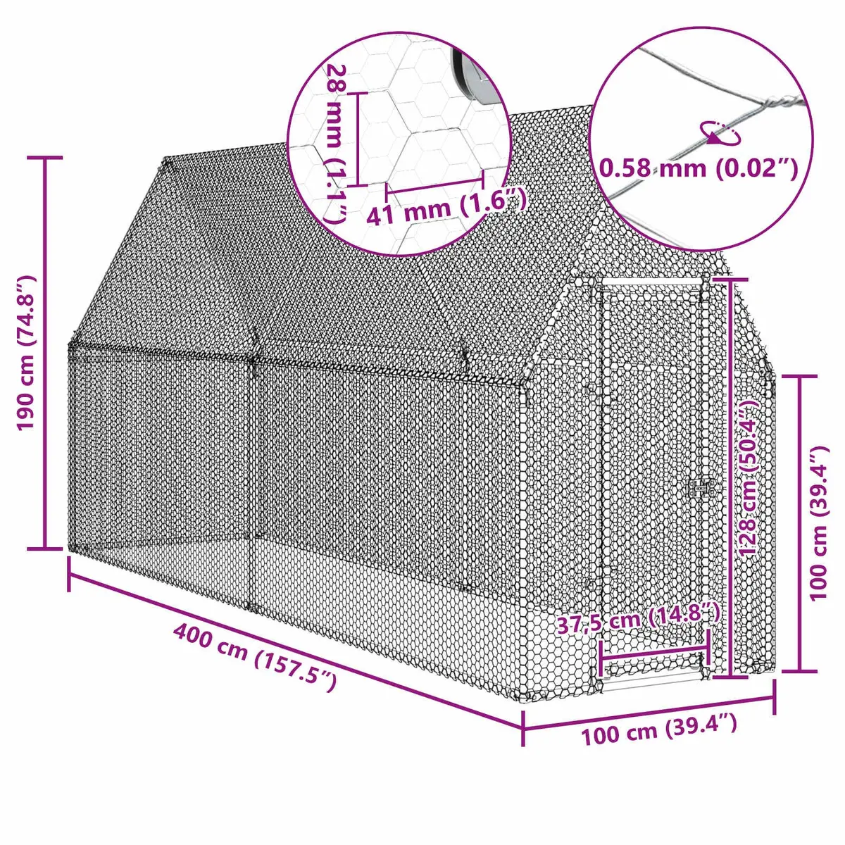 Chicken Cage Galvanised Steel 400 x 100 x 190 cm Silver