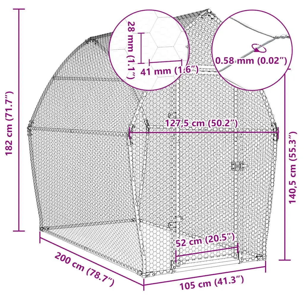 Chicken Cage Galvanised Steel Outdoor Enclosure Poultry Coop Silver 200 x 105 x 182 cm
