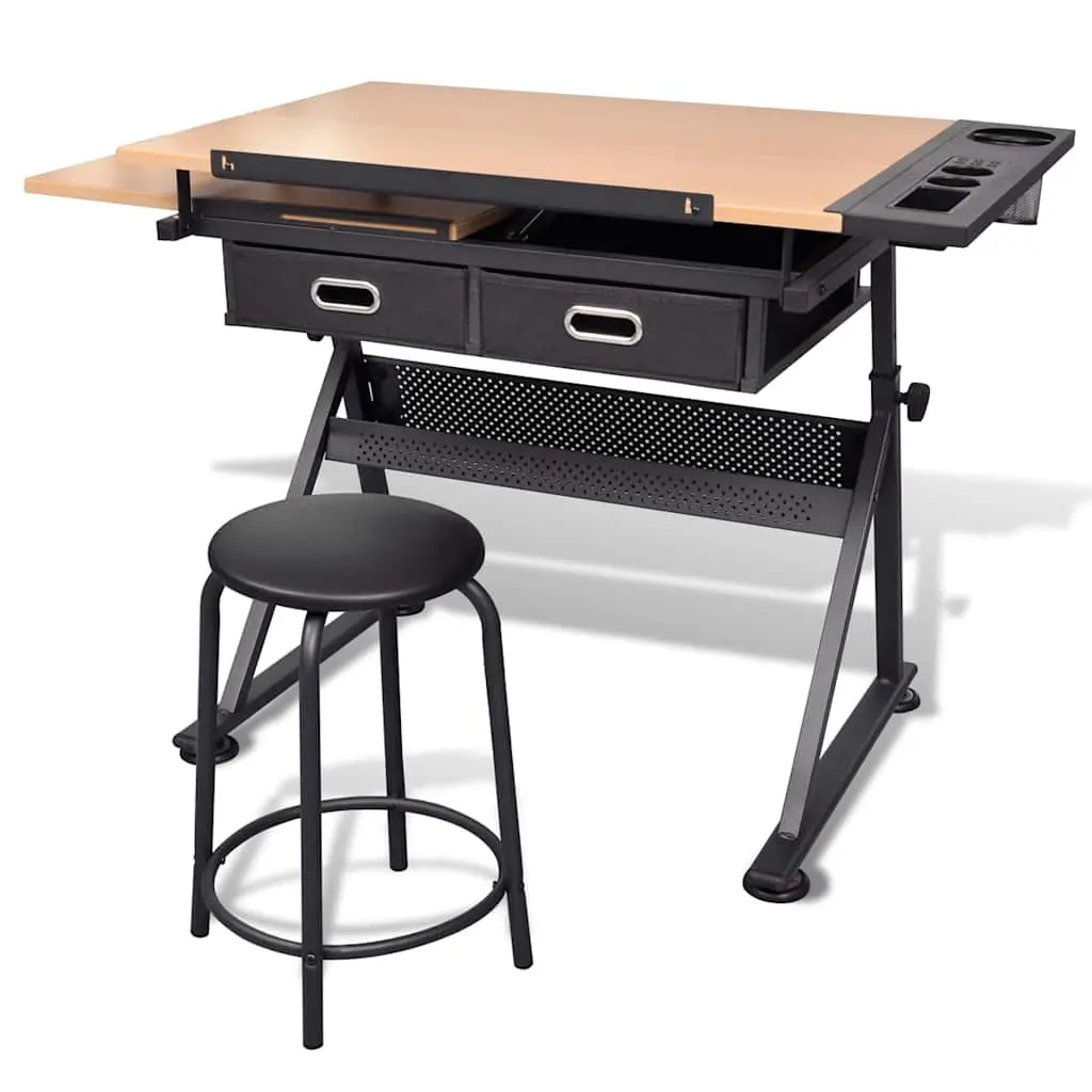 Drawing Table MDF Adjustable Height Tiltable Top Brown with Stool