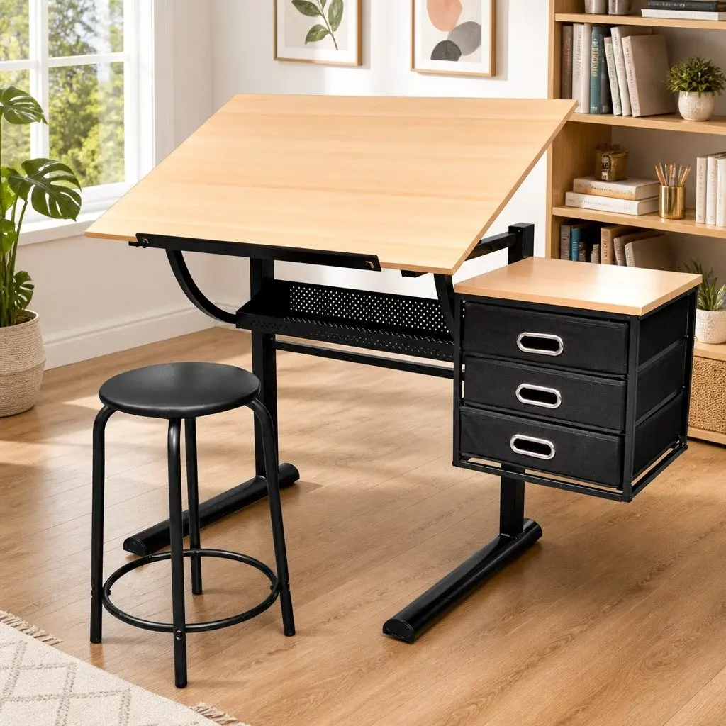 Drawing Desk Drafting Table Tiltable Brown with Stool