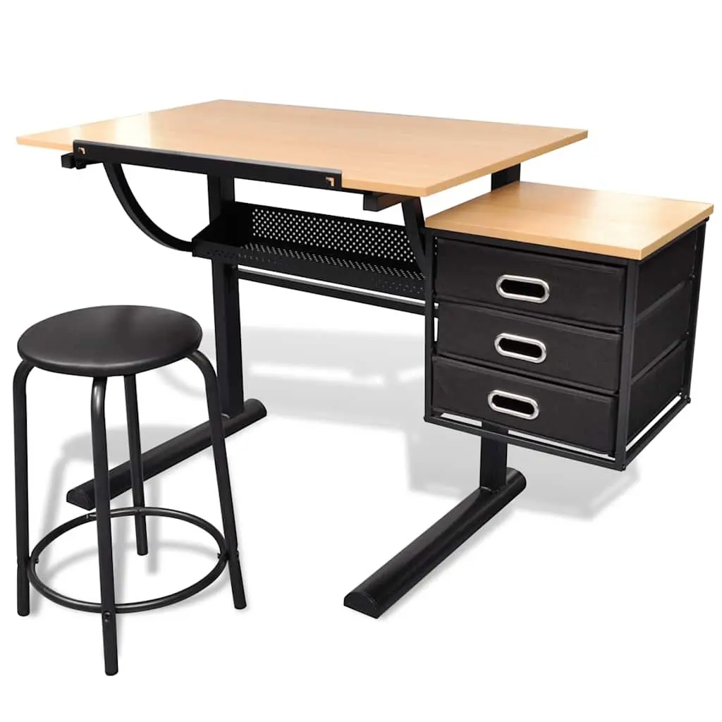Drawing Desk Drafting Table Tiltable Brown with Stool