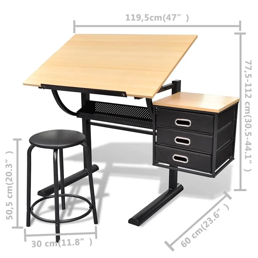 Drawing Desk Drafting Table Tiltable Brown with Stool