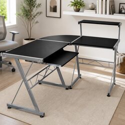 L-Shaped Black Corner Computer Desk with Keyboard Tray