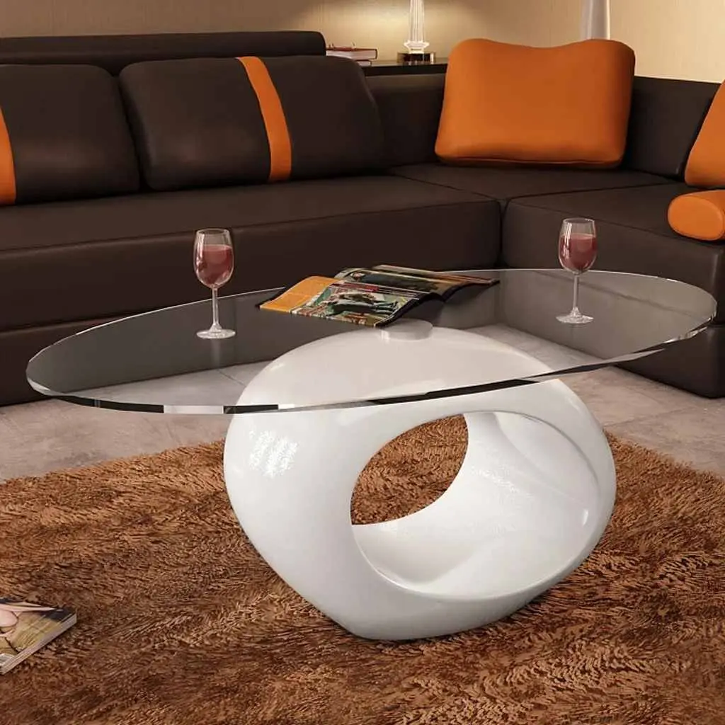 Coffee Table Tempered Glass Oval High Gloss White