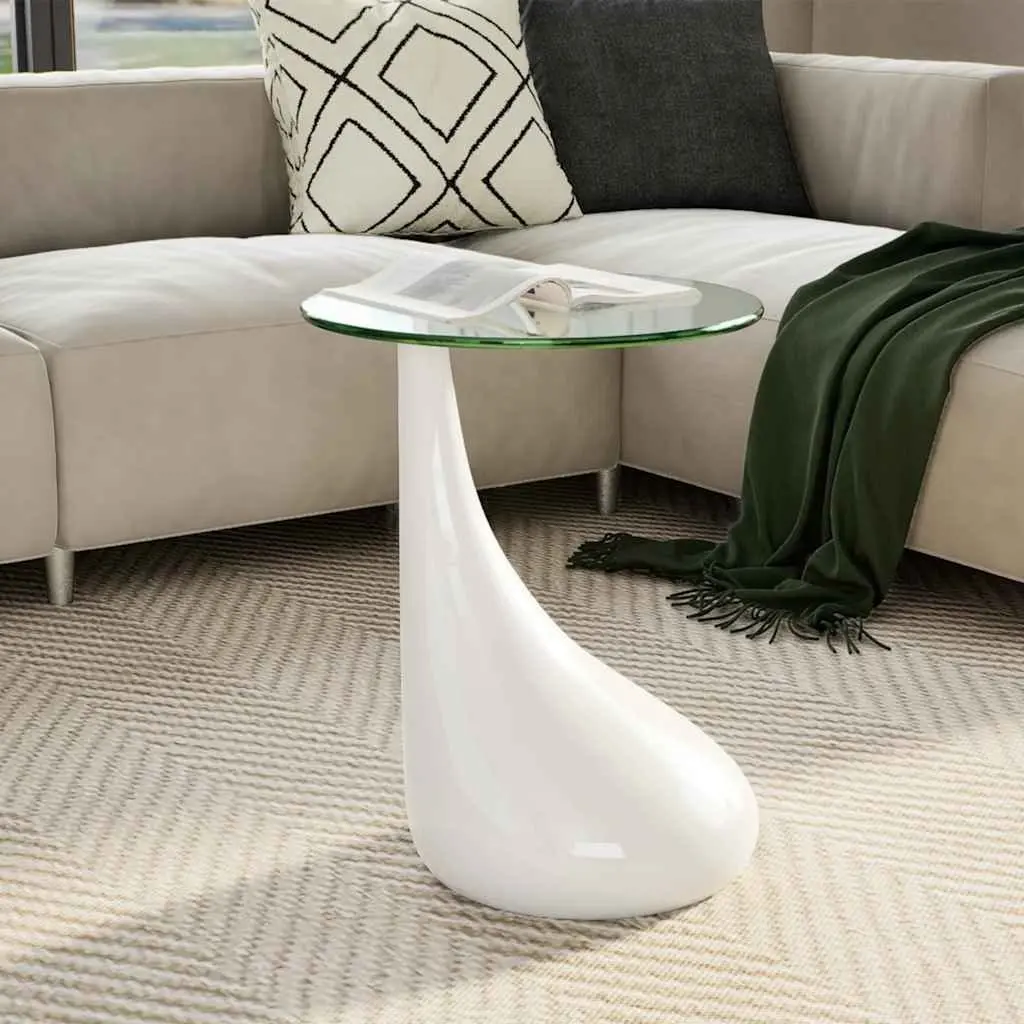 Round Glass Top Coffee Table with White Glossy Base
