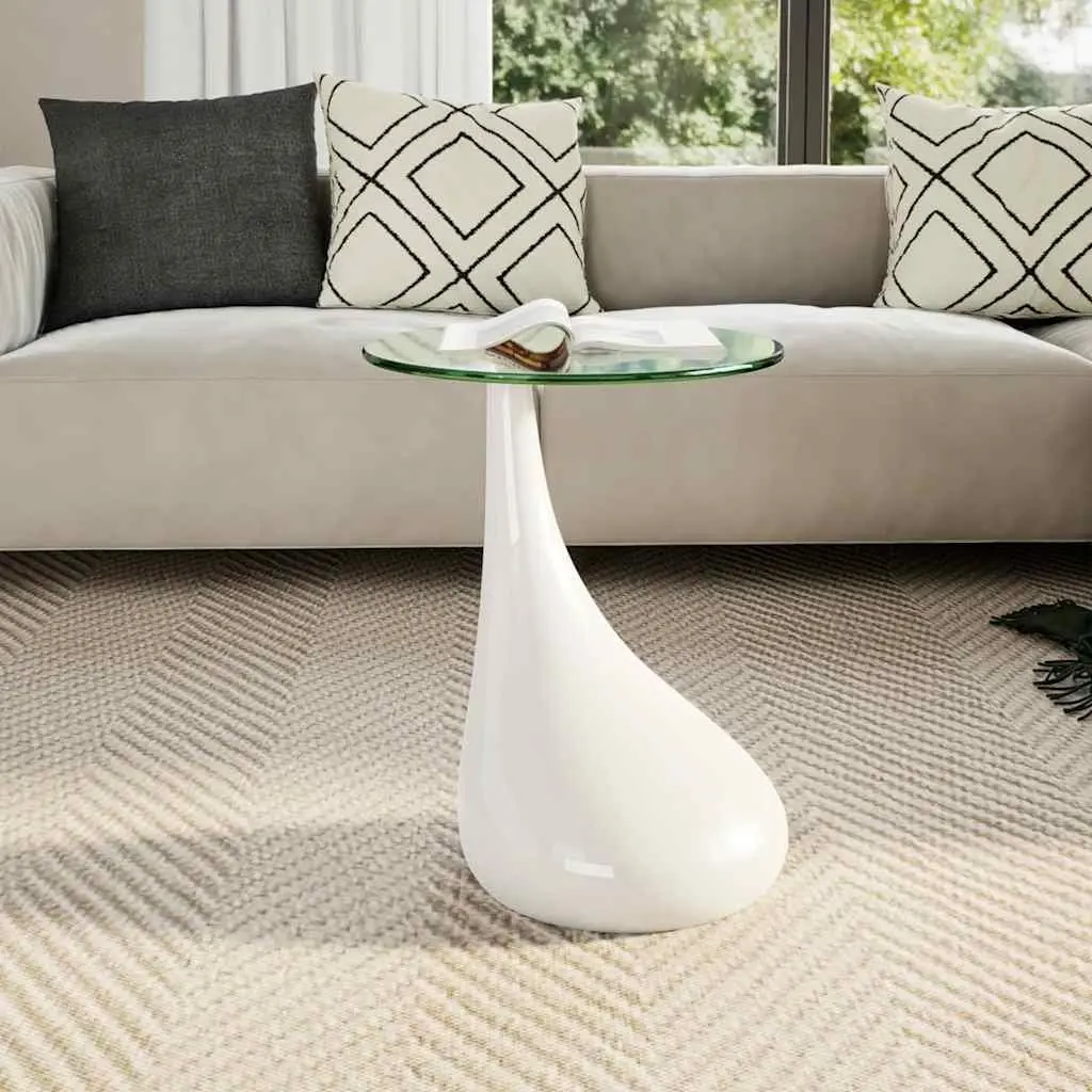 Round Glass Top Coffee Table with White Glossy Base