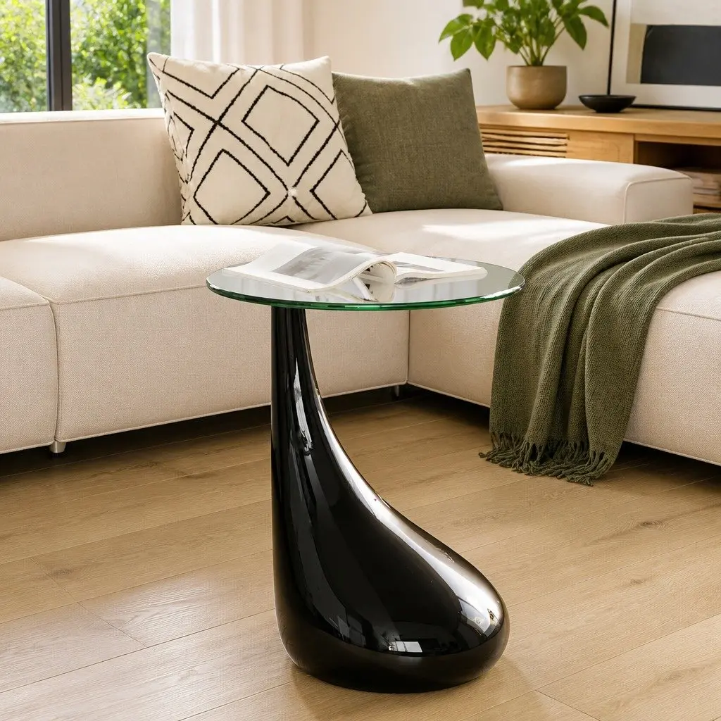 High Gloss Black Round Coffee Table with Glass Top