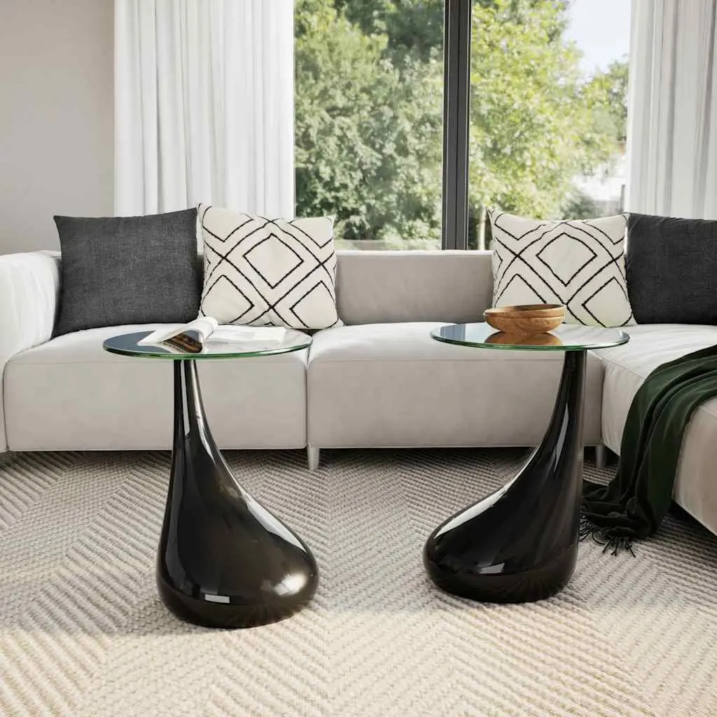 Coffee Table Set 2 Pcs Round Glass Top High Gloss Black Living Room Accent
