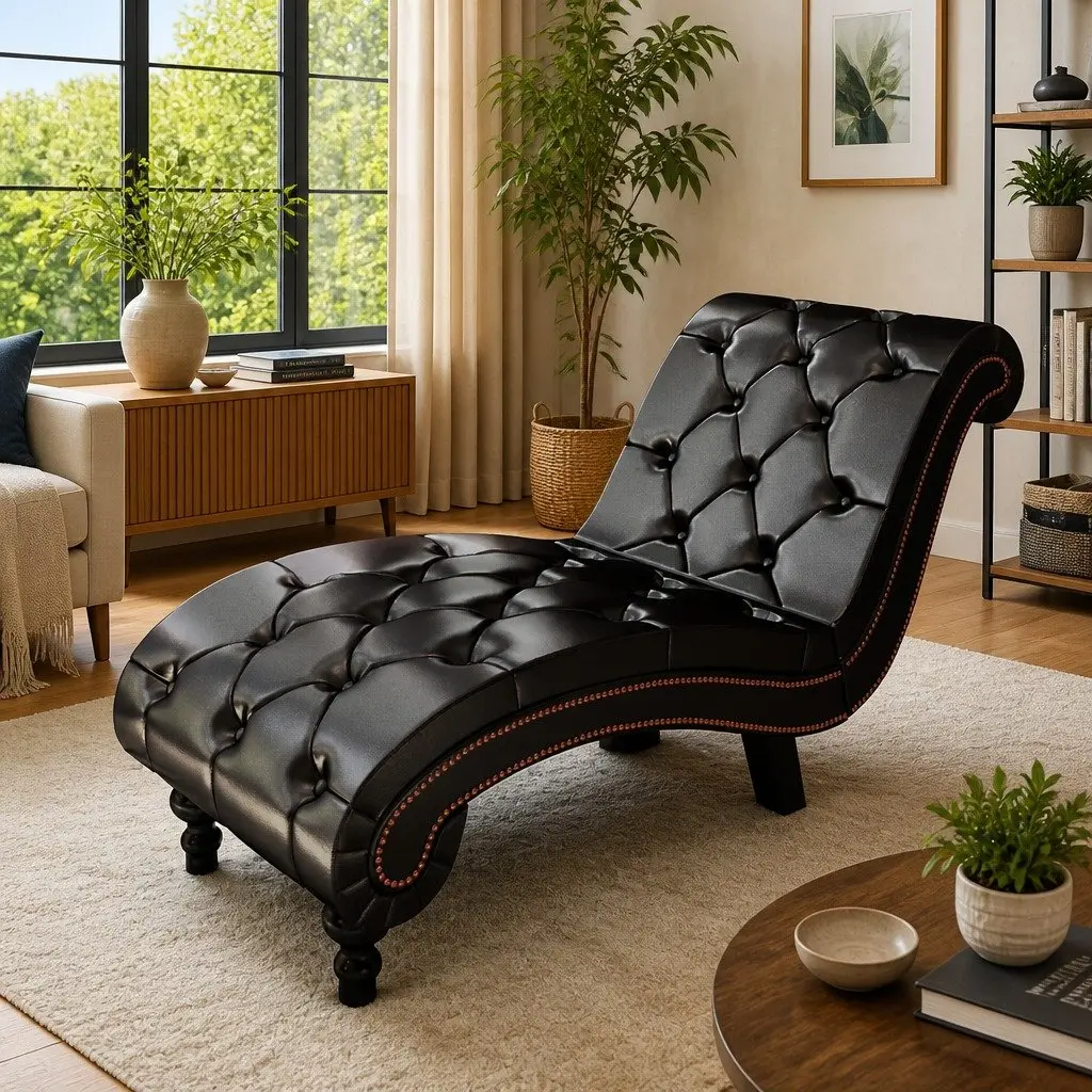 Brown Faux Leather Chaise Lounge with Button Tufting