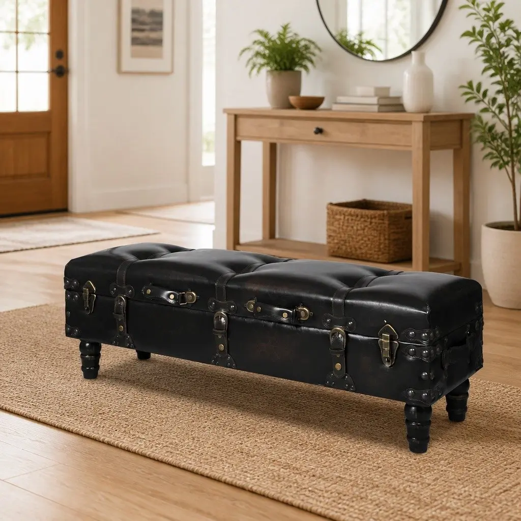 Brown Faux Leather Long Storage Bench with Tufted Cushion