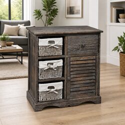 Sturdy Wooden Storage Cabinet with 3 Baskets for Home