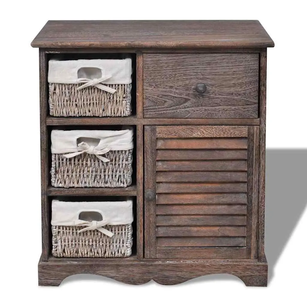 Wooden Storage Cabinet with 3 Weaving Baskets Brown