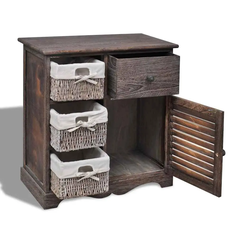 Wooden Storage Cabinet with 3 Weaving Baskets Brown