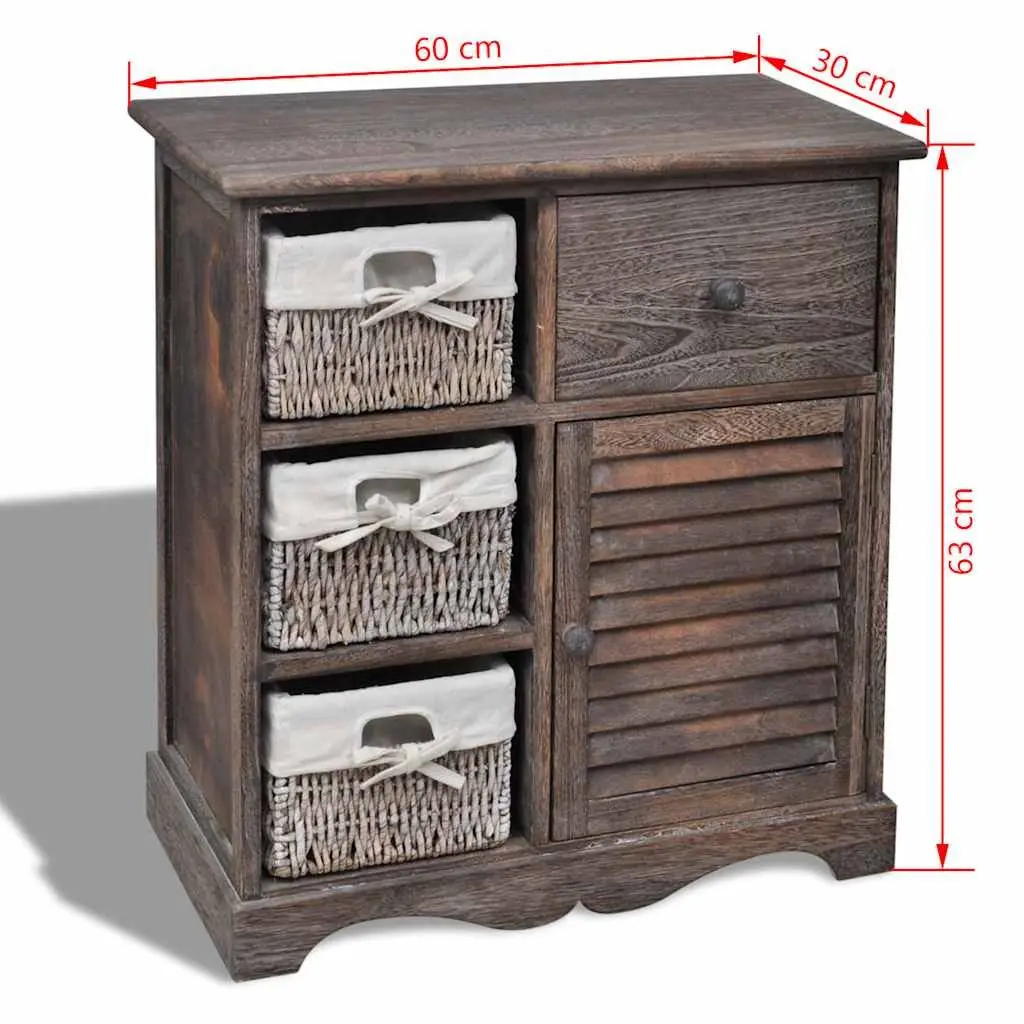 Wooden Storage Cabinet with 3 Weaving Baskets Brown