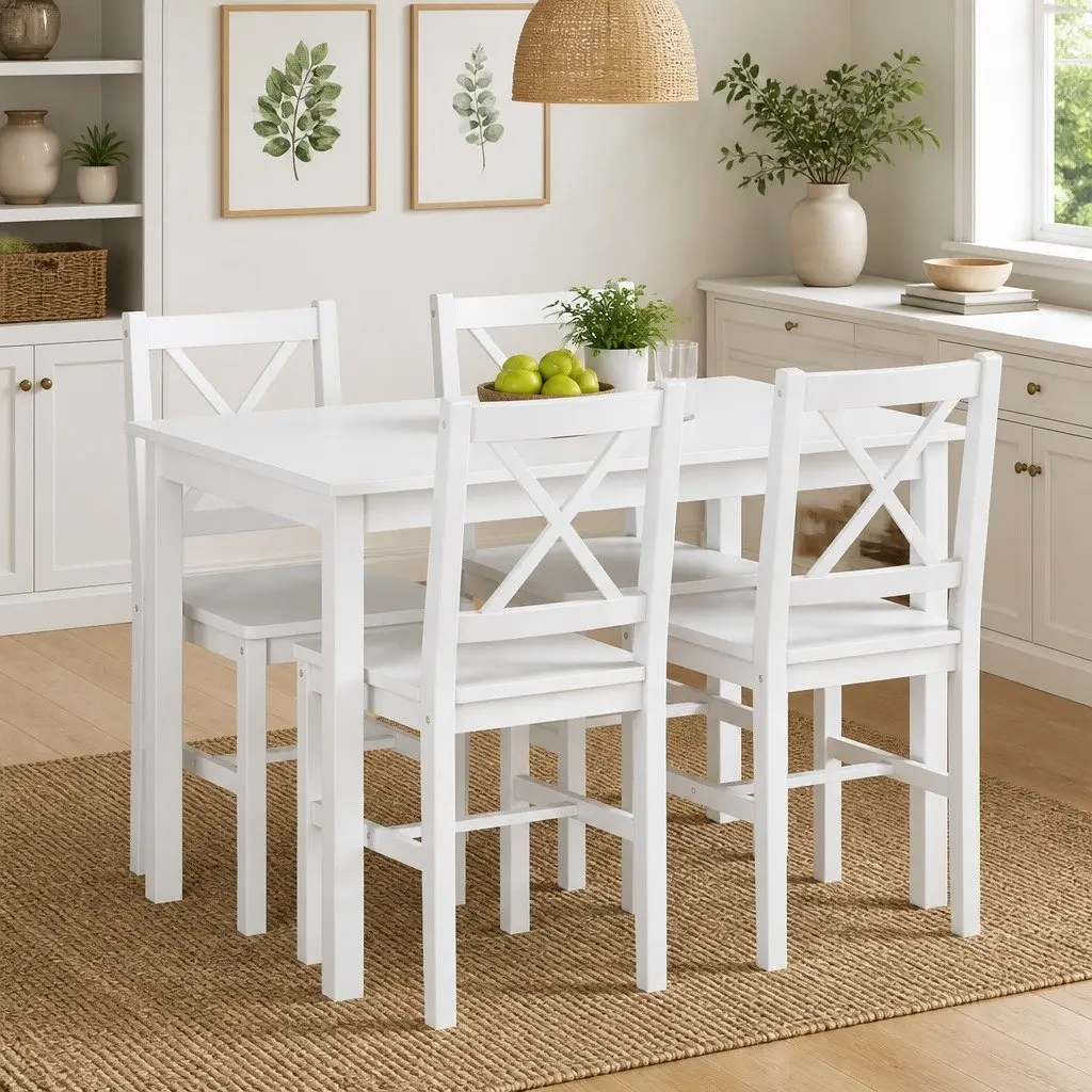 5-Piece White Solid Wood Dining Set with 4 Chairs