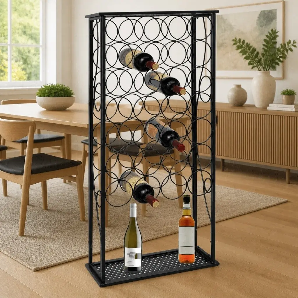 Wine Rack Wrought Iron Floor Standing 28 Bottle Black Cubic Display Stand Holder