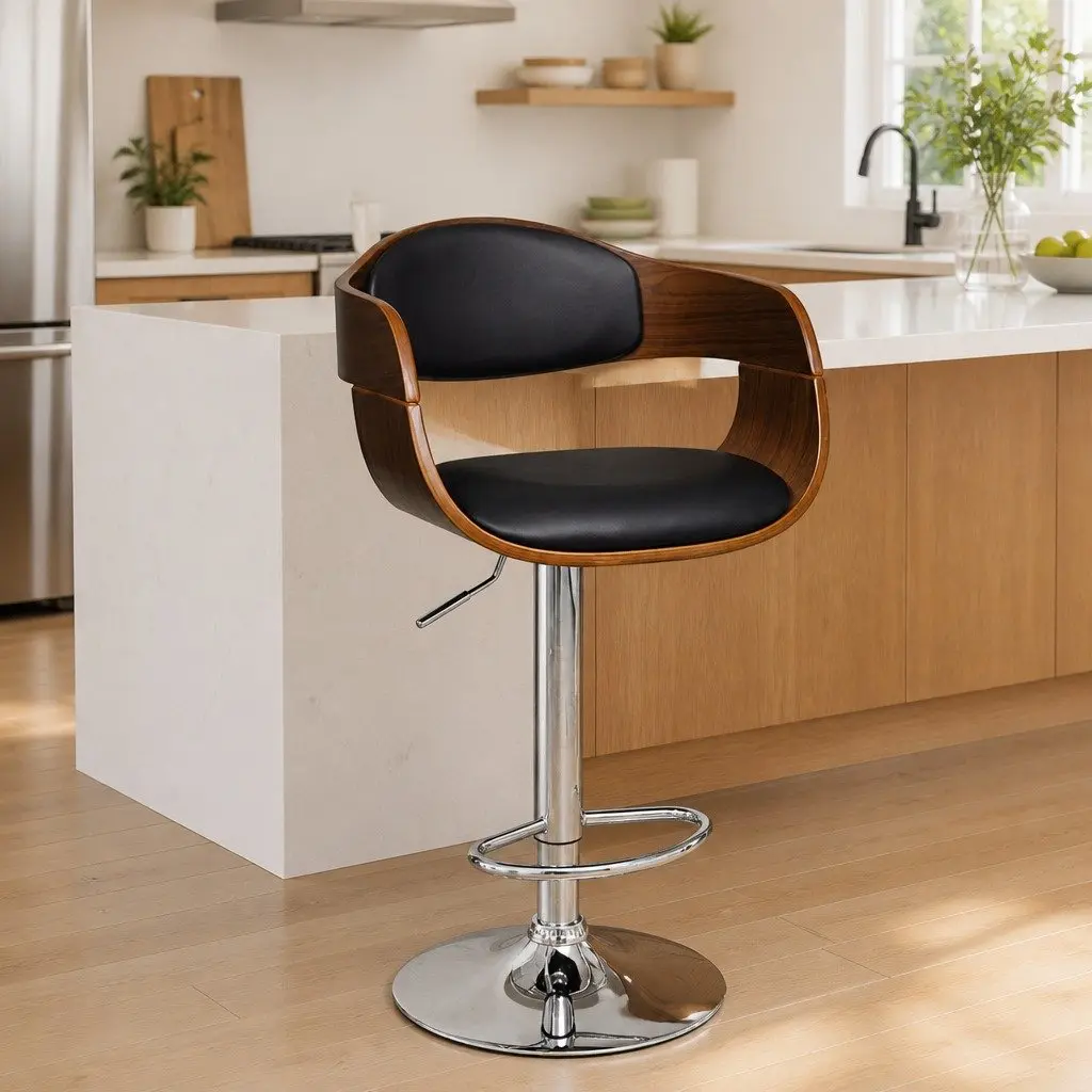 Bar Stool Bent Wood Frame Faux Leather Padded Seat Height Adjustable Black