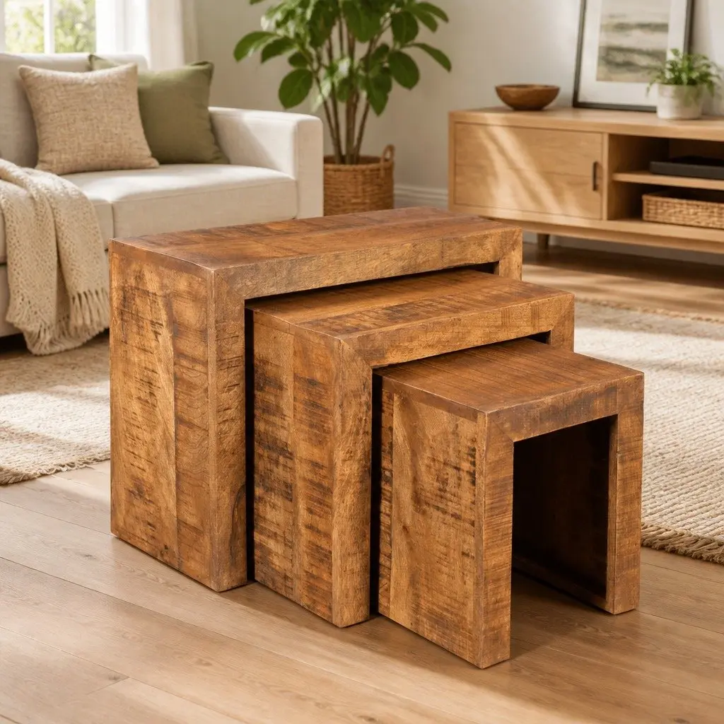 Brown Wooden Nesting Table Set with 3 Stackable Pieces