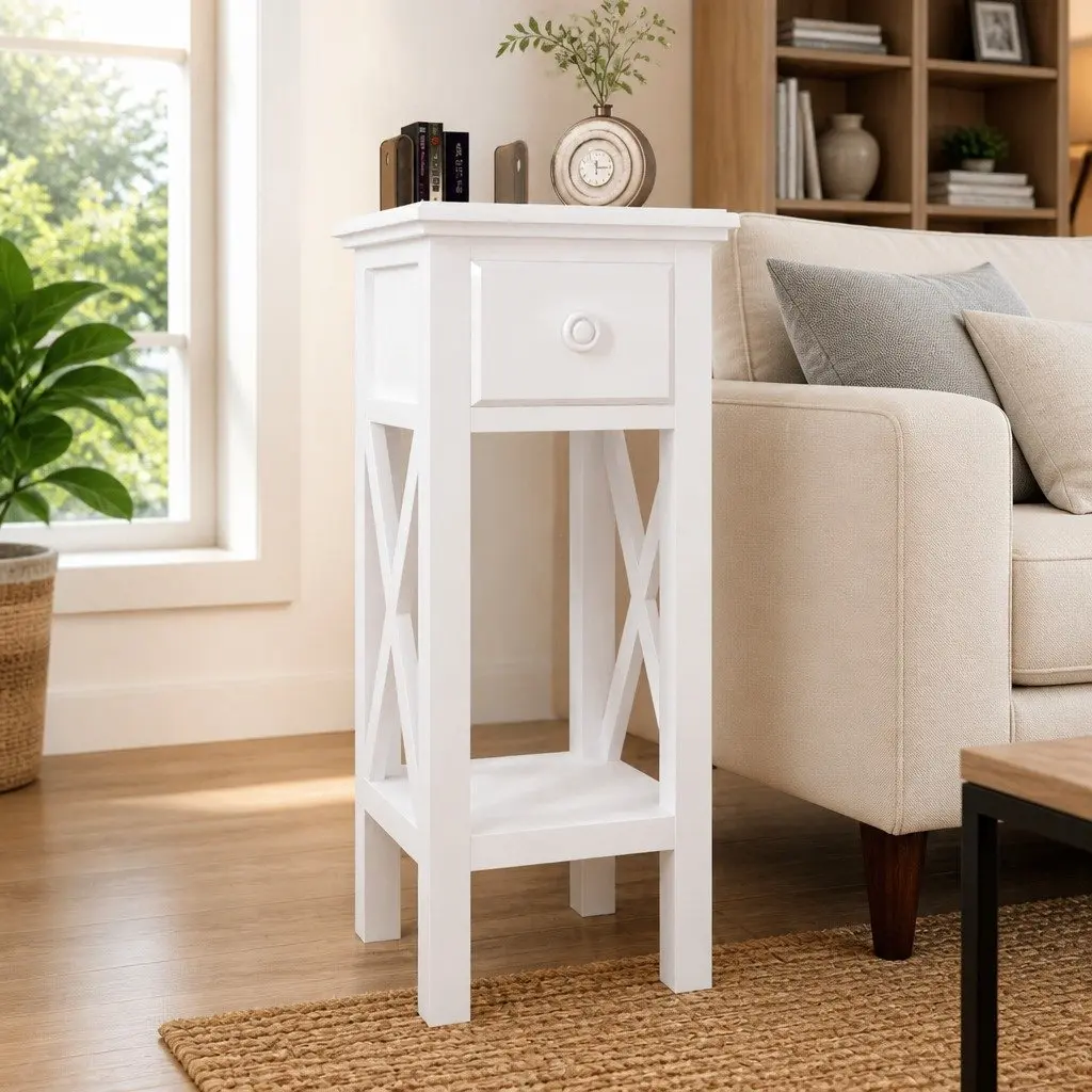 White End Table with Drawer for Home Storage