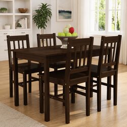 Solid Pine Wooden Dining Table Set with 4 Chairs in Brown