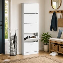 Premium White Wooden Shoe Cabinet with 5 Compartments