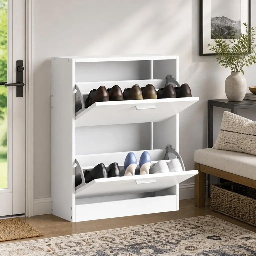 White Wooden Shoe Cabinet with Two Organizing Compartments
