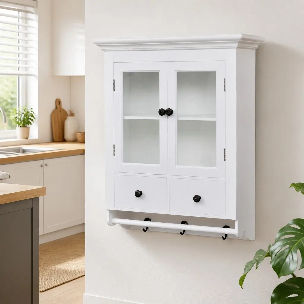 Wooden Kitchen Cabinet White Glass Door Storage Shelves Drawers Hooks