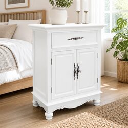Sturdy White Wooden Floor Cabinet with 2 Doors & 1 Drawer