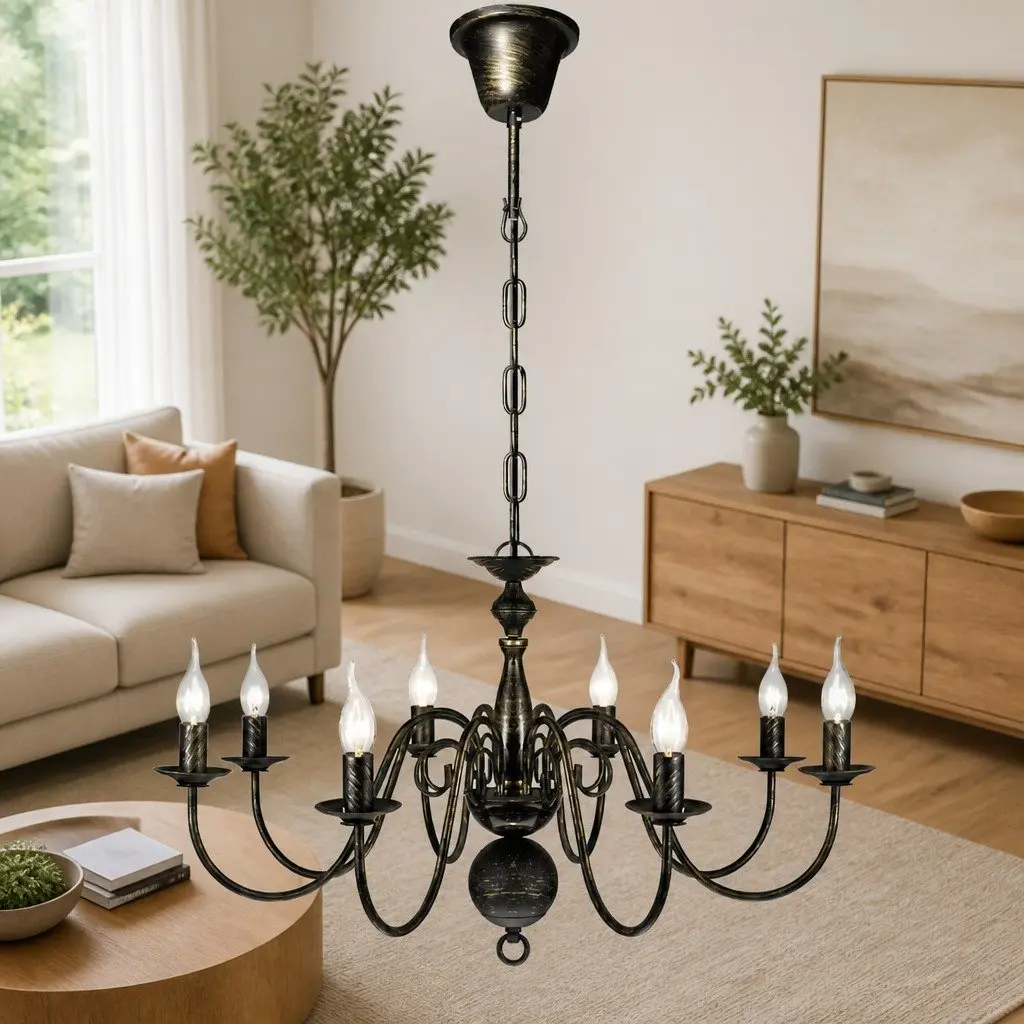 Antique Black Metal Chandelier with 8 x E14 Bulbs