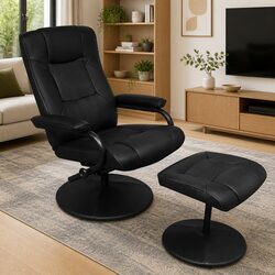 Durable Black Faux Leather Reclining TV Armchair with Footstool