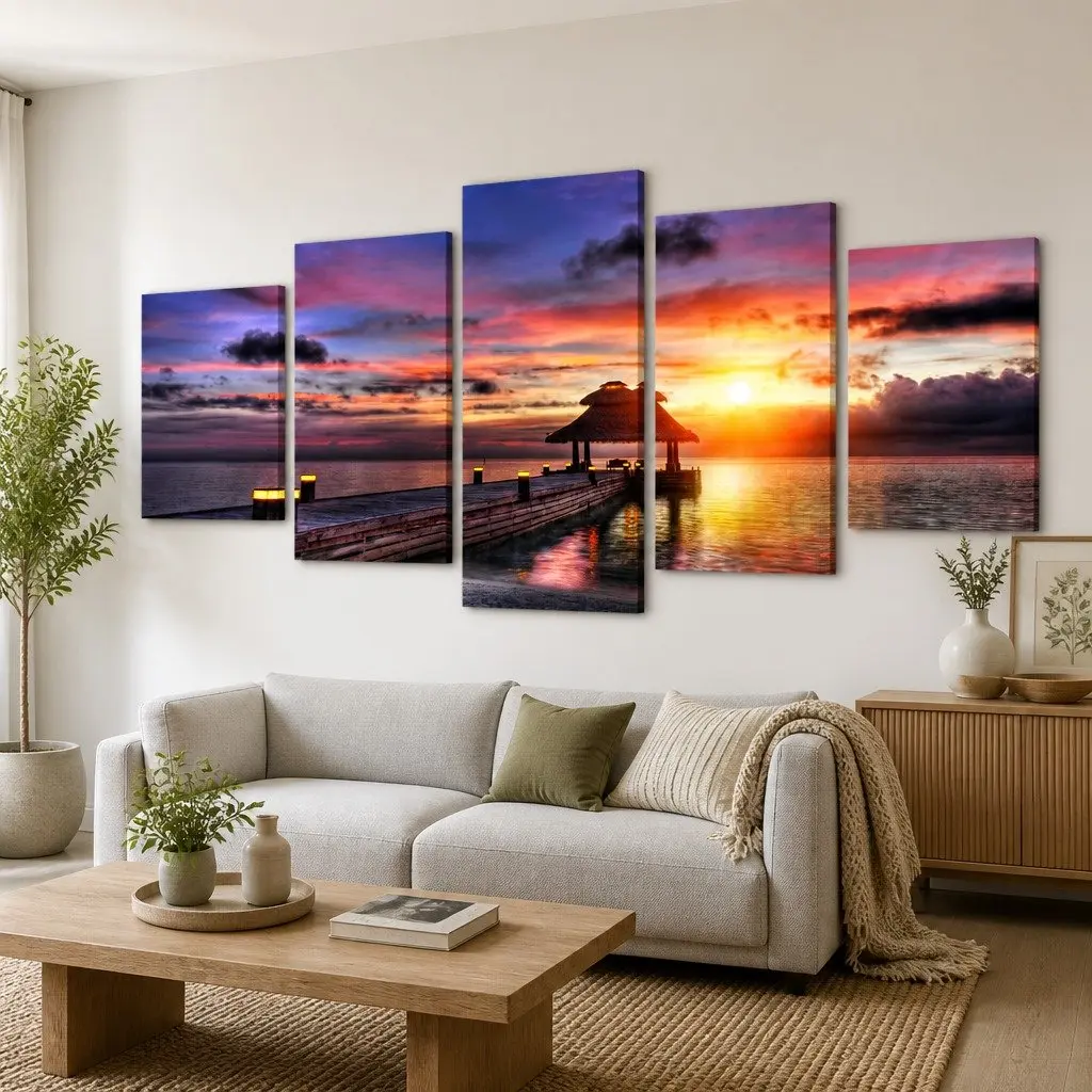 Tropical 5-Panel Beach Pavilion Canvas Wall Art 200 x 100cm