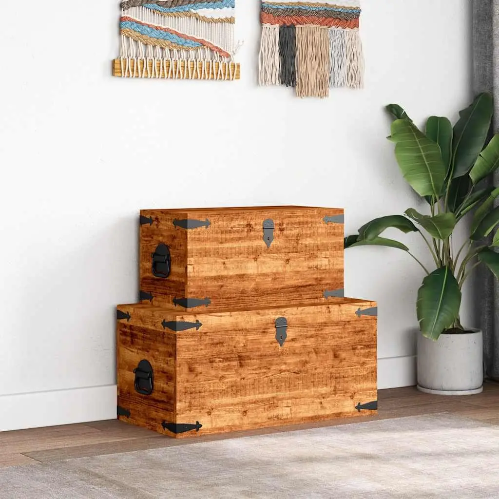 Storage Chest Set 2 Pieces Wooden Handmade Home Organization Furniture Brown