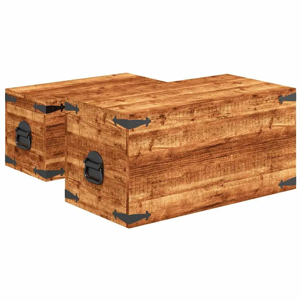 Storage Chest Set 2 Pieces Wooden Handmade Home Organization Furniture Brown