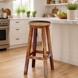 Sturdy Antique Style Bar Stool in Brown Reclaimed Wood